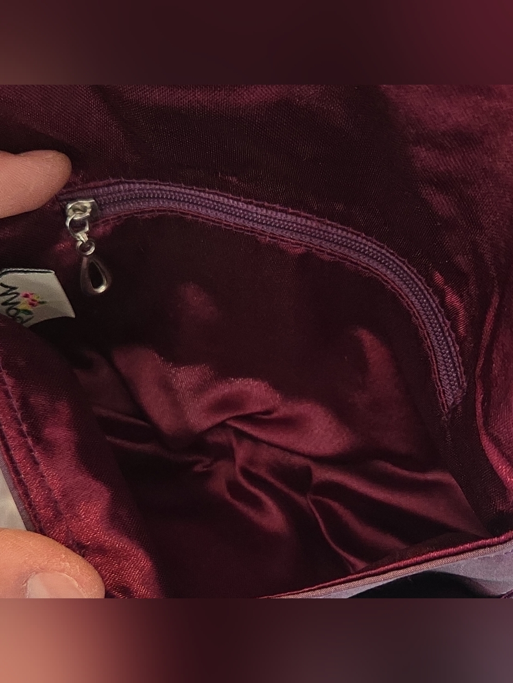 Elegant Plum Handmade Silk Floral Clutch with Beaded Center - Picture 4 of 7